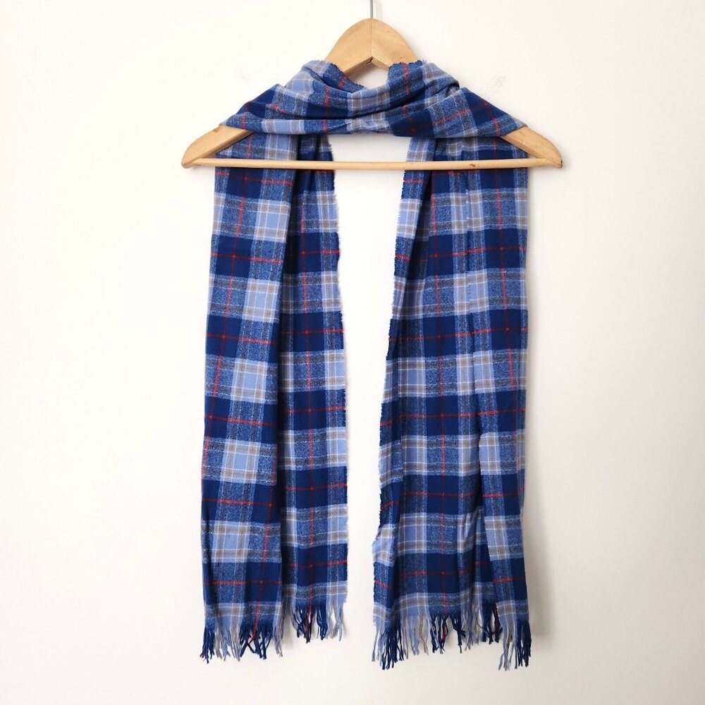 Vtg 90s Tartan Plaid Scarf Blue Red Yellow Fringe 12 x 60 Rectangle Cozy Winter